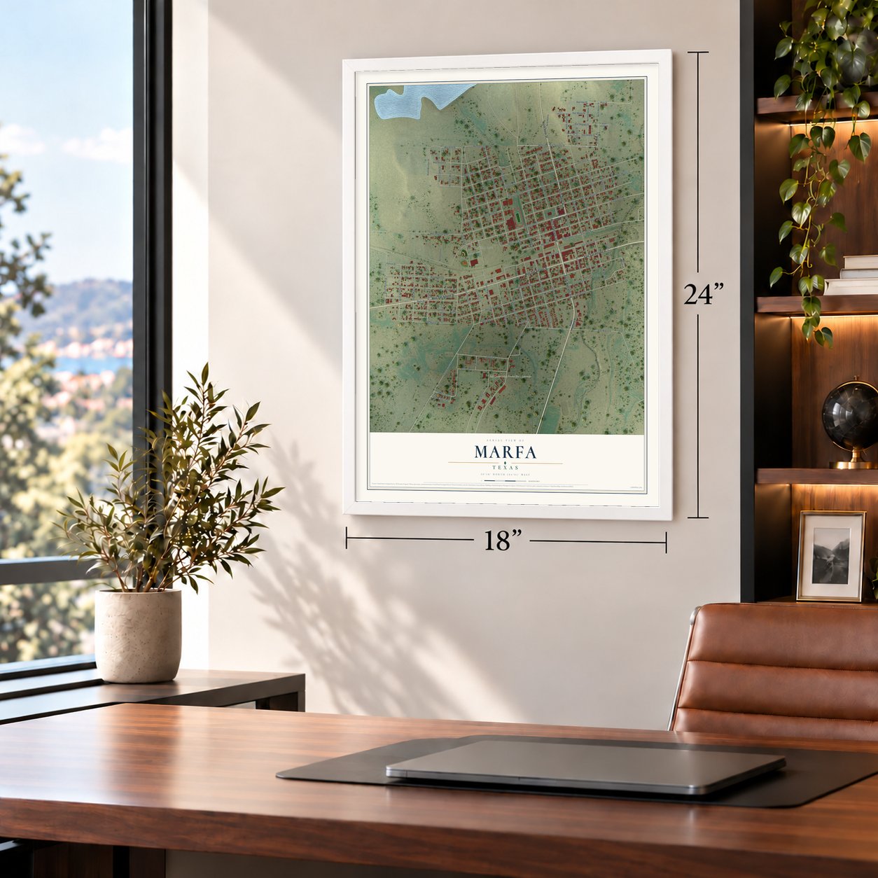 Marfa, Texas map, 18 x 24 inch print in a white frame in a home office