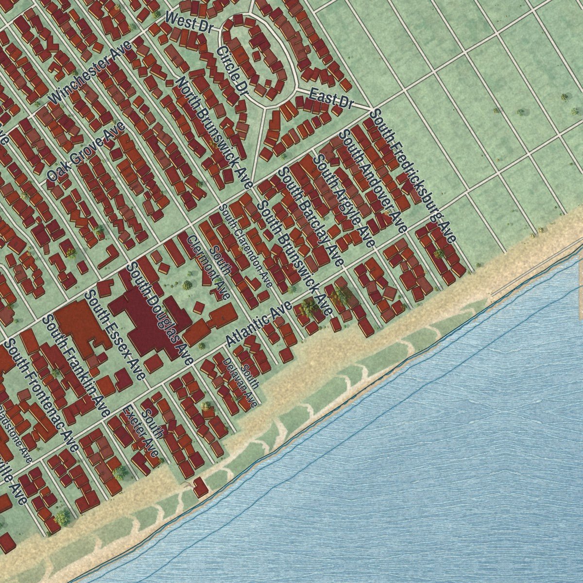 Second close-up of the map of Margate City, New Jersey print showing more streets and buildings
