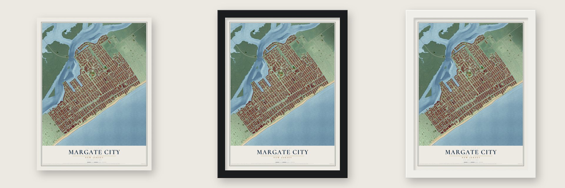 Margate City, New Jersey map unframed, in a black wood frame and in a white wood frame