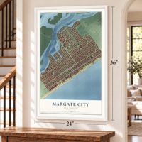 Margate City, New Jersey map, 24 x 36 inch print in a white frame by a staircase
