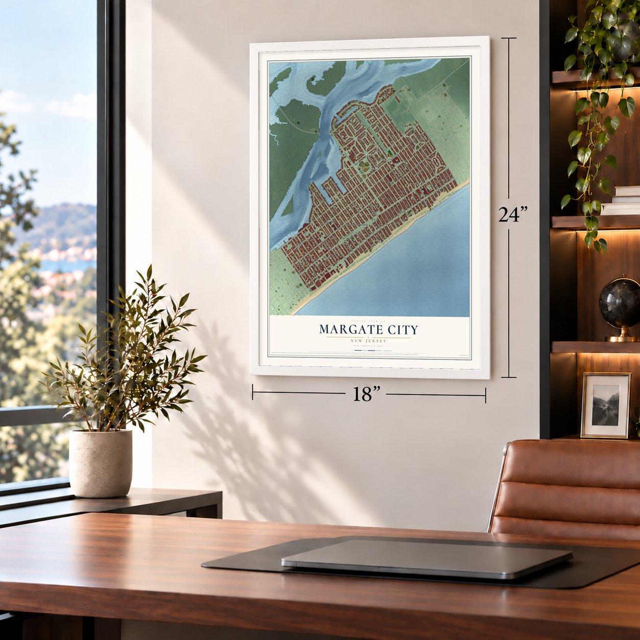 Margate City, New Jersey map, 18 x 24 inch print in a white frame in a home office