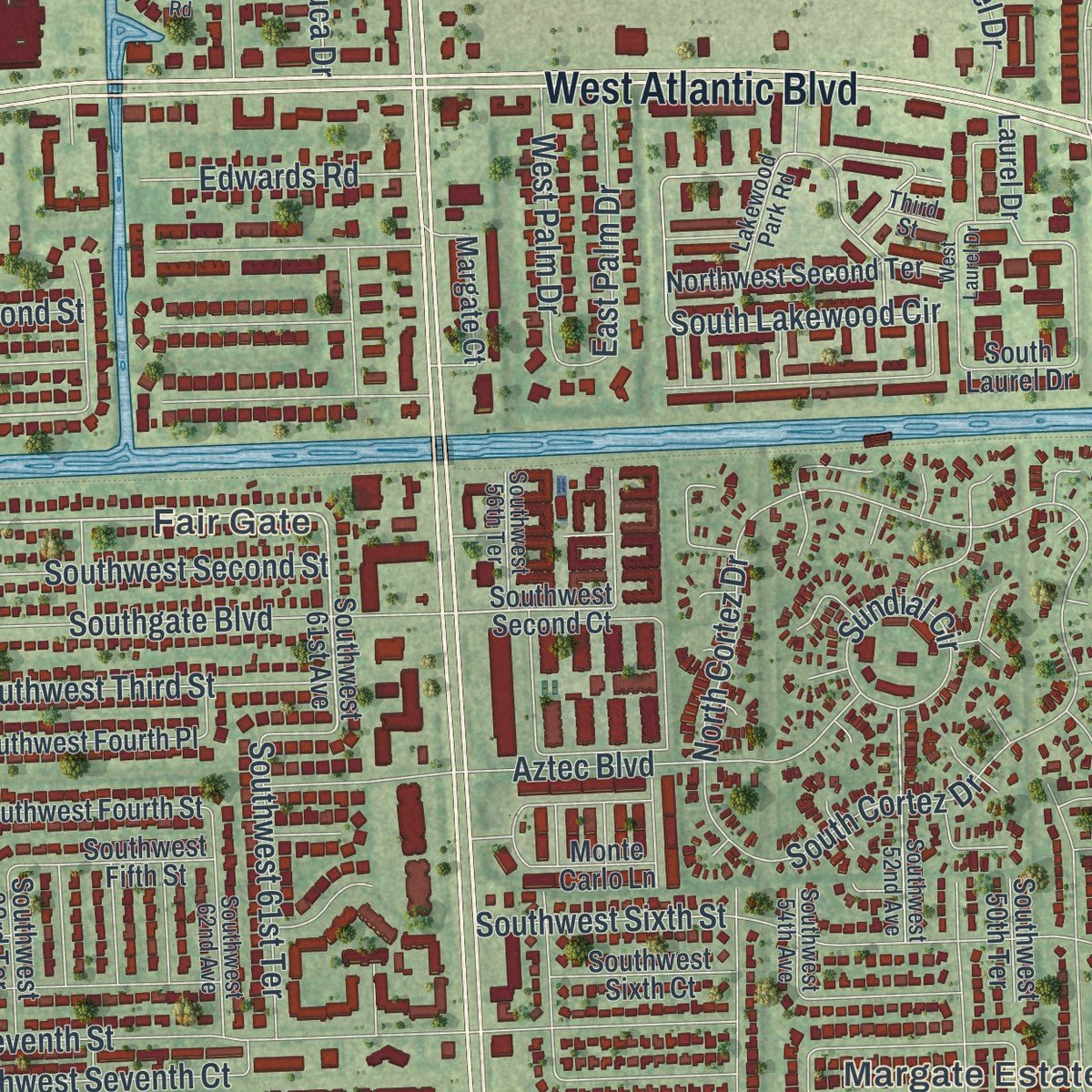Second close-up of the map of Margate, Florida print showing more streets and buildings