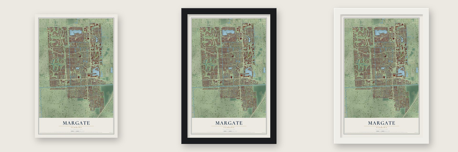 Margate, Florida map unframed, in a black wood frame and in a white wood frame
