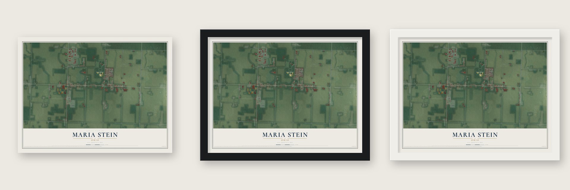 Maria Stein, Ohio map unframed, in a black wood frame and in a white wood frame