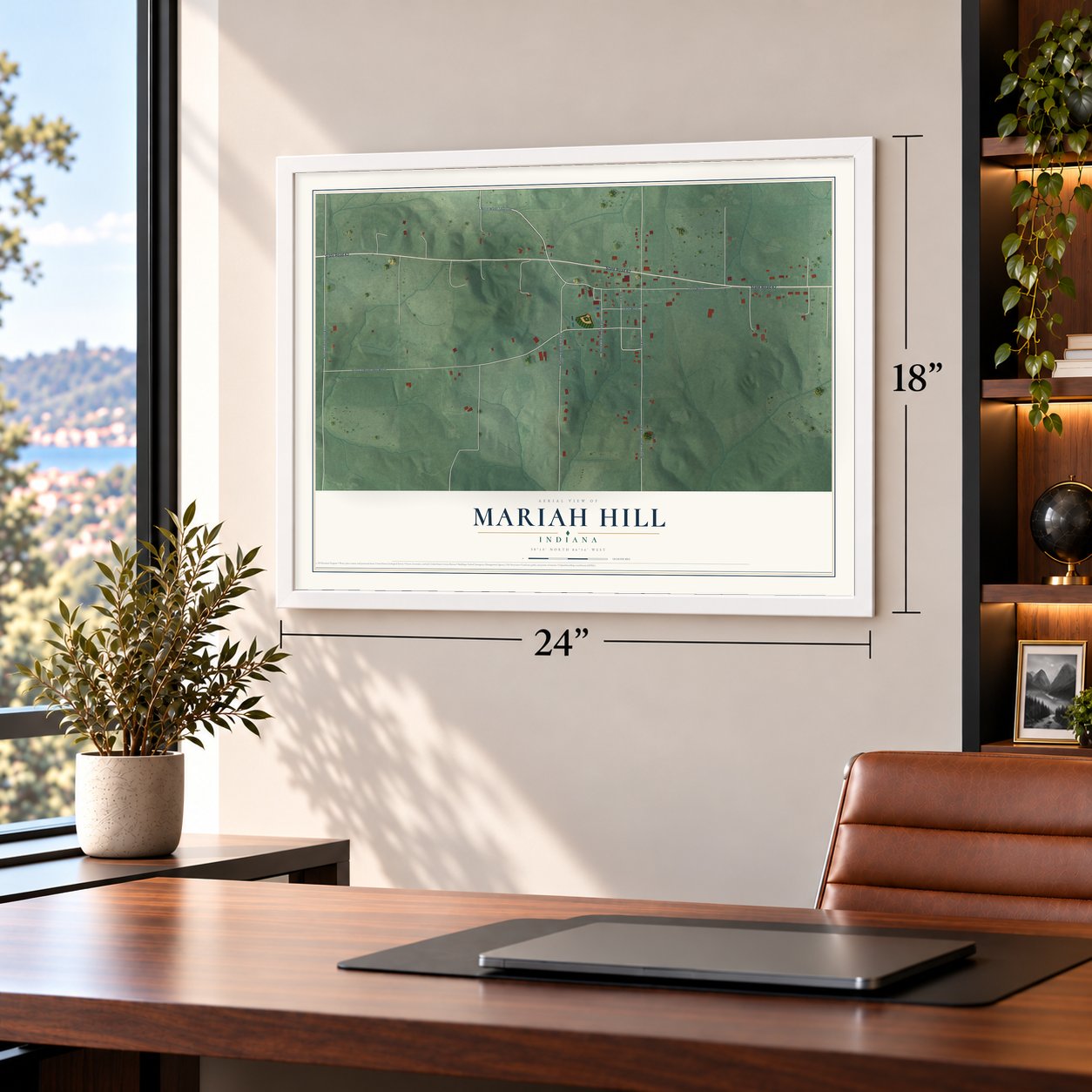 Mariah Hill, Indiana map, 18 x 24 inch print in a white frame in a home office