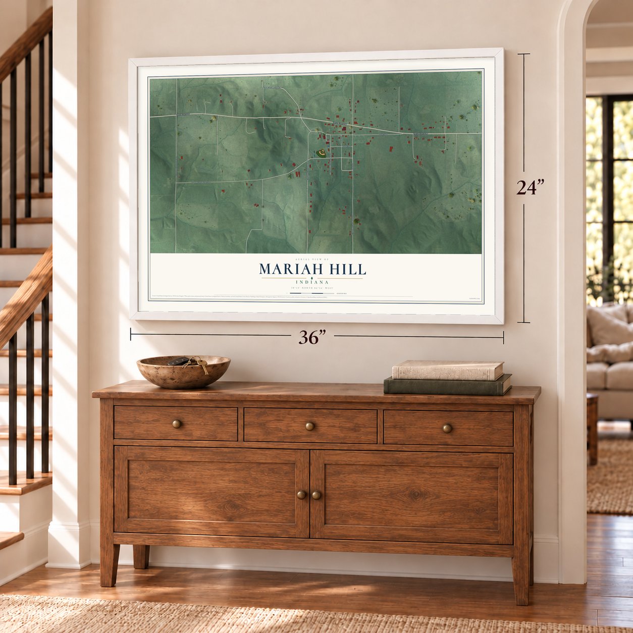 Mariah Hill, Indiana map, 24 x 36 inch print in a white frame above a dresser by a staircase