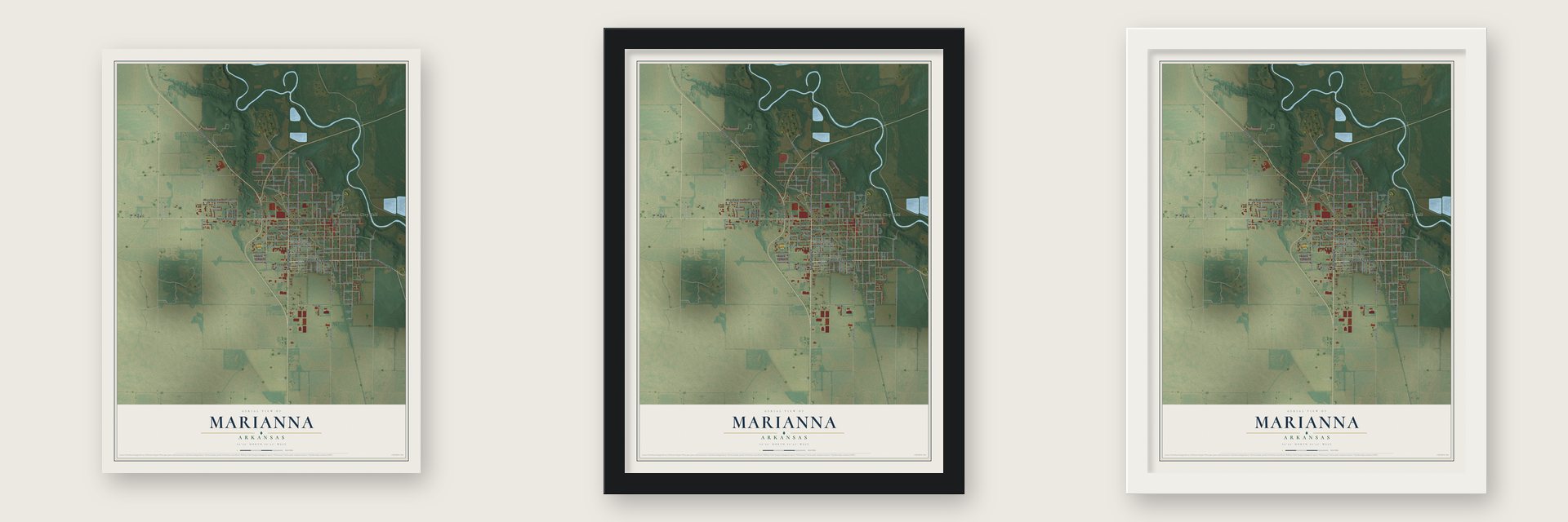Marianna, Arkansas map unframed, in a black wood frame and in a white wood frame