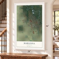 Marianna, Arkansas map, 24 x 36 inch print in a white frame by a staircase
