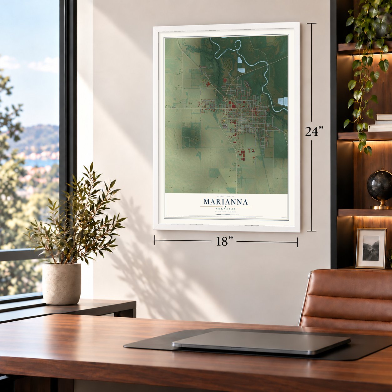Marianna, Arkansas map, 18 x 24 inch print in a white frame in a home office