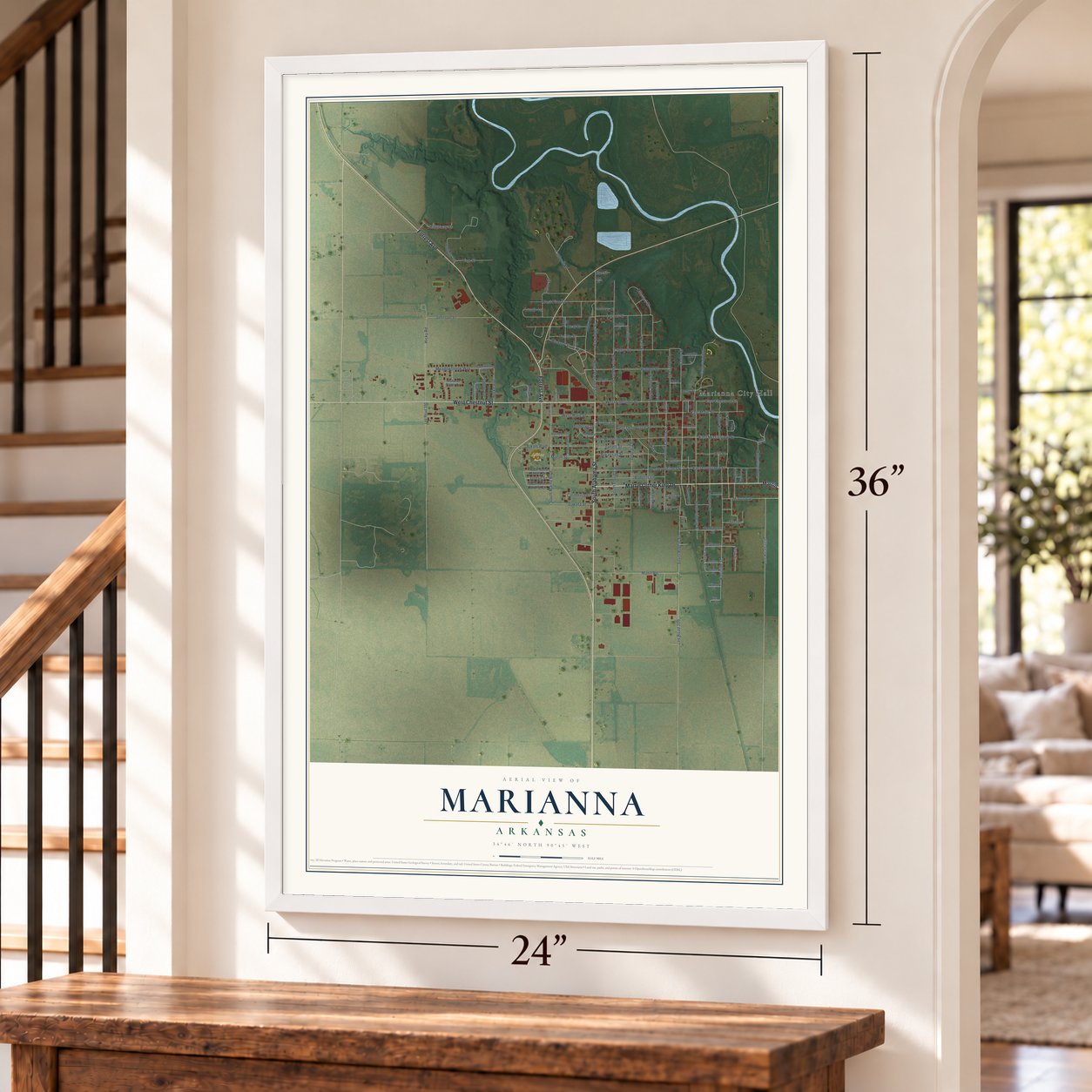 Marianna, Arkansas map, 24 x 36 inch print in a white frame by a staircase