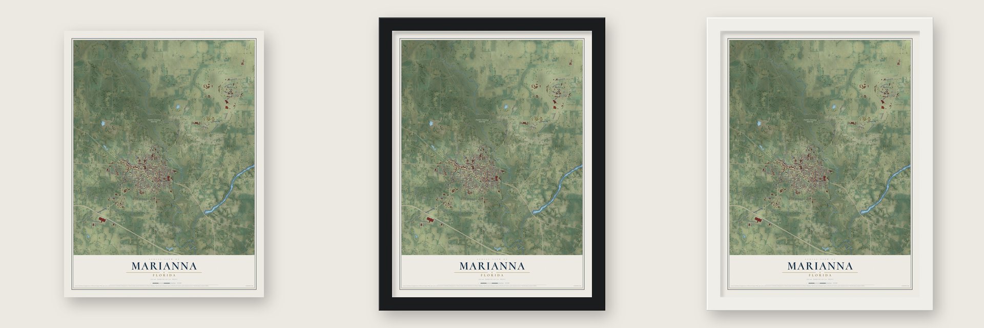 Marianna, Florida map unframed, in a black wood frame and in a white wood frame