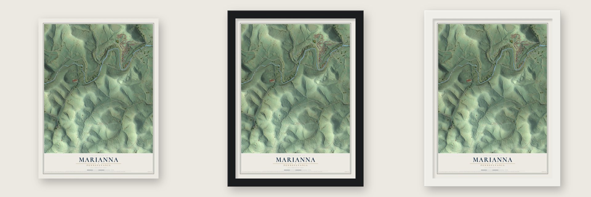 Marianna, Pennsylvania map unframed, in a black wood frame and in a white wood frame