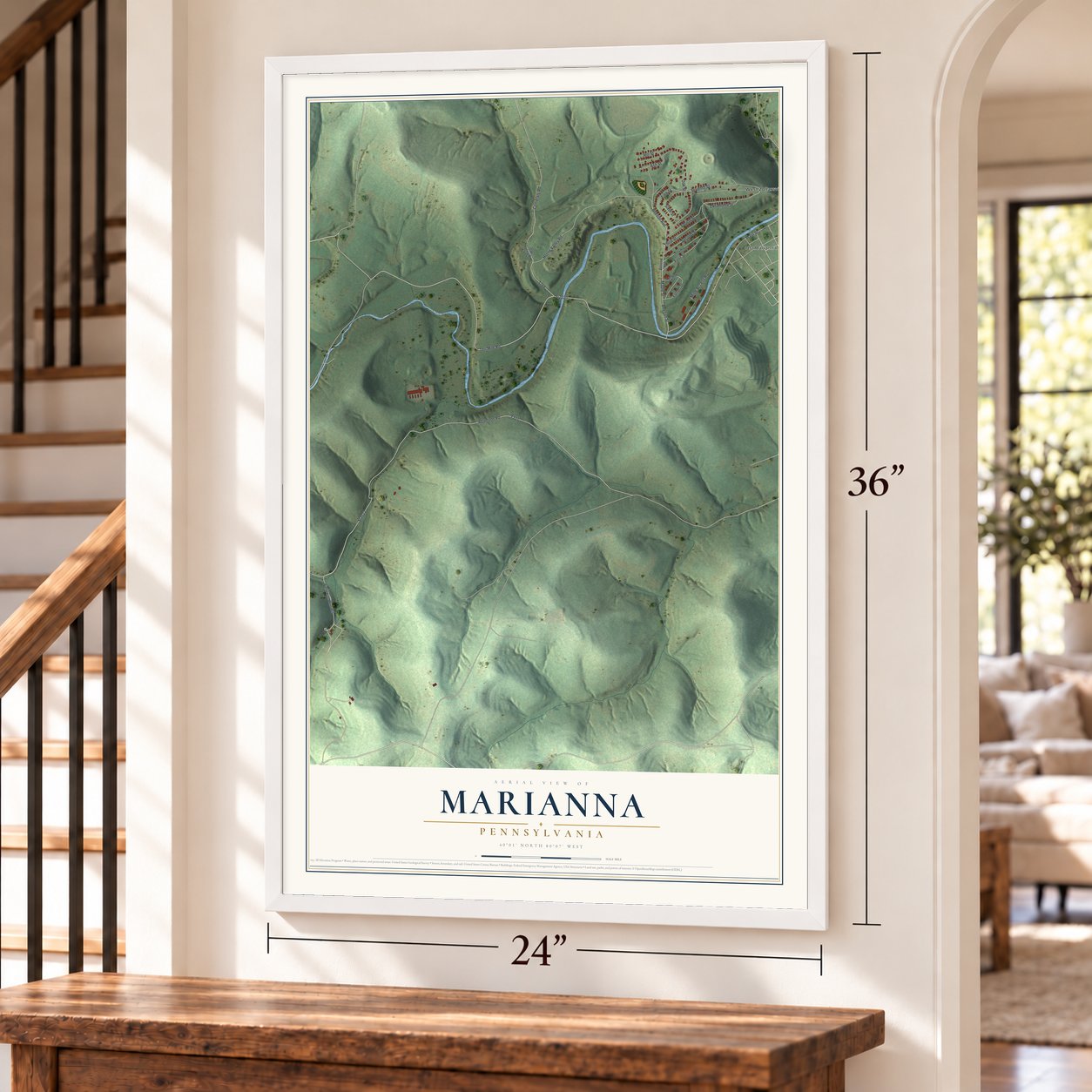 Marianna, Pennsylvania map, 24 x 36 inch print in a white frame by a staircase