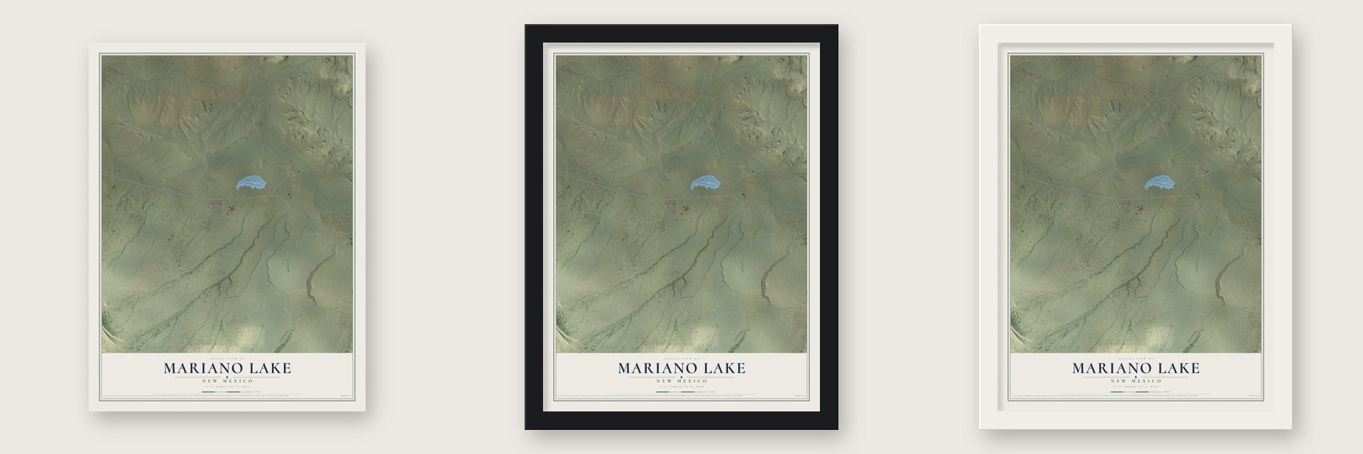Mariano Lake, New Mexico map unframed, in a black wood frame and in a white wood frame