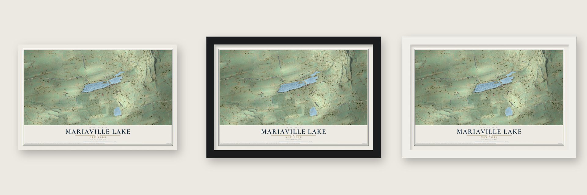 Mariaville Lake, New York map unframed, in a black wood frame and in a white wood frame