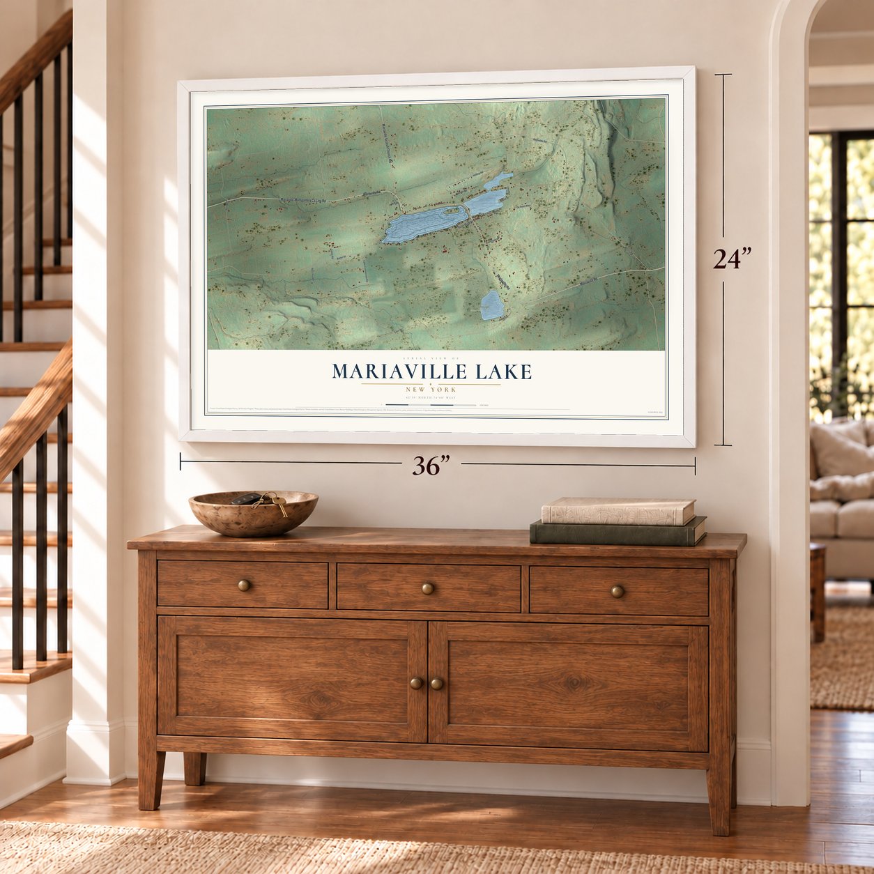 Mariaville Lake, New York map, 24 x 36 inch print in a white frame above a dresser by a staircase