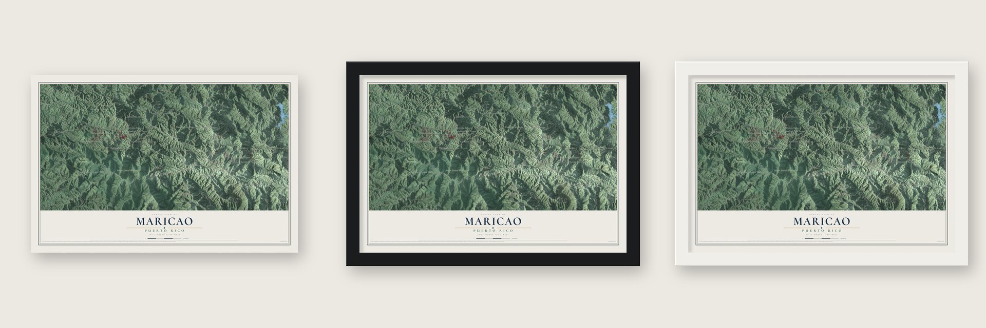 Maricao, Puerto Rico map unframed, in a black wood frame and in a white wood frame