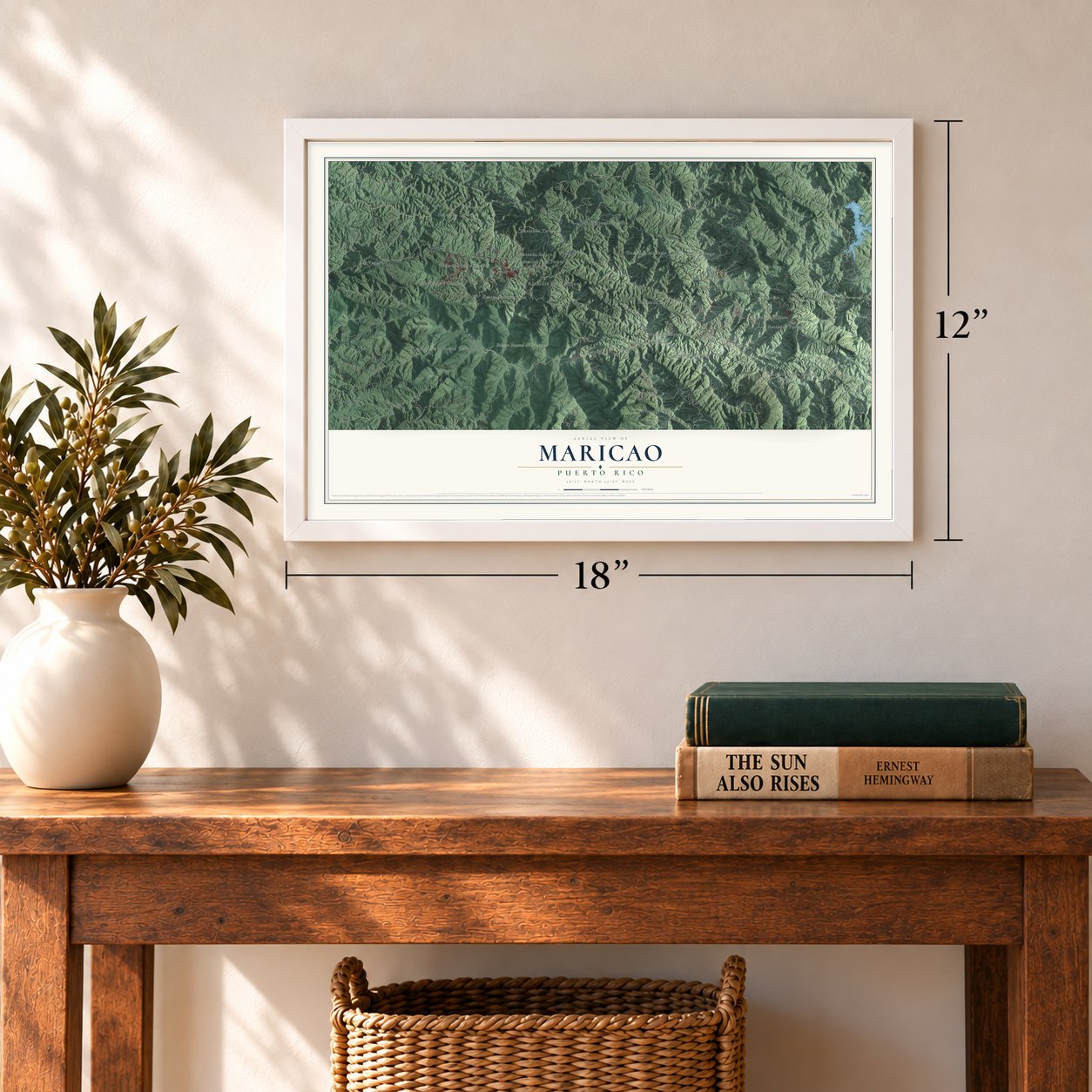 Maricao, Puerto Rico map, 12 x 18 inch print in a white frame in an entryway