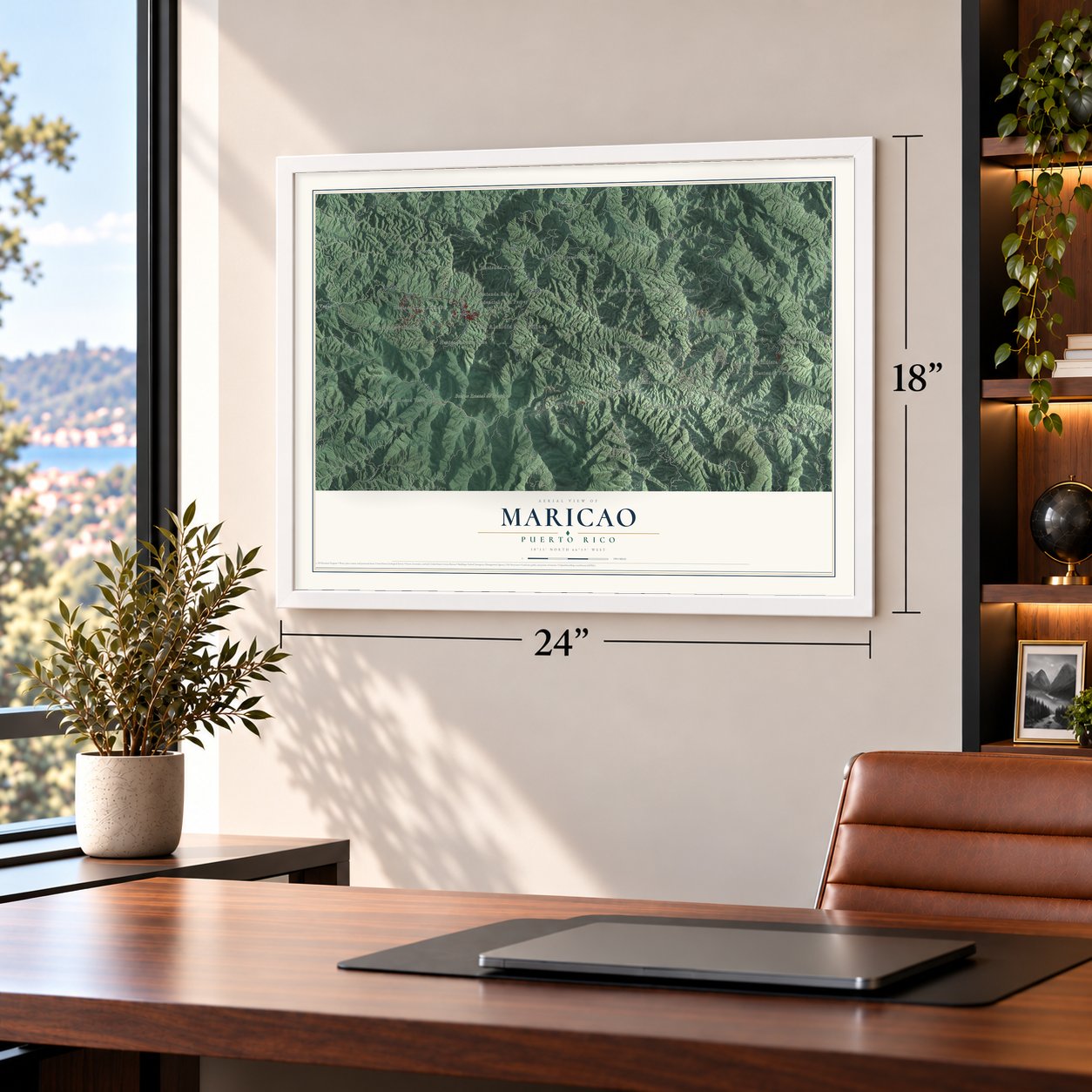 Maricao, Puerto Rico map, 18 x 24 inch print in a white frame in a home office