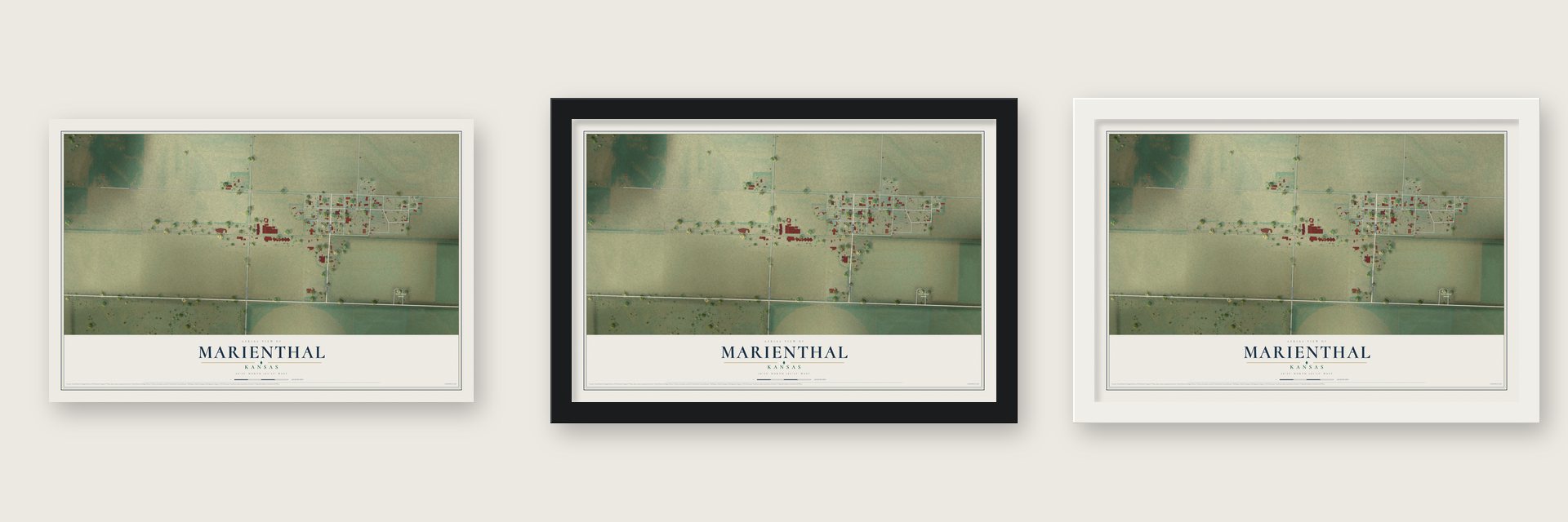 Marienthal, Kansas map unframed, in a black wood frame and in a white wood frame