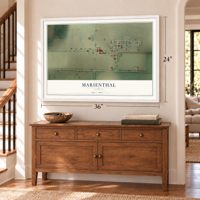 Marienthal, Kansas map, 24 x 36 inch print in a white frame above a dresser by a staircase