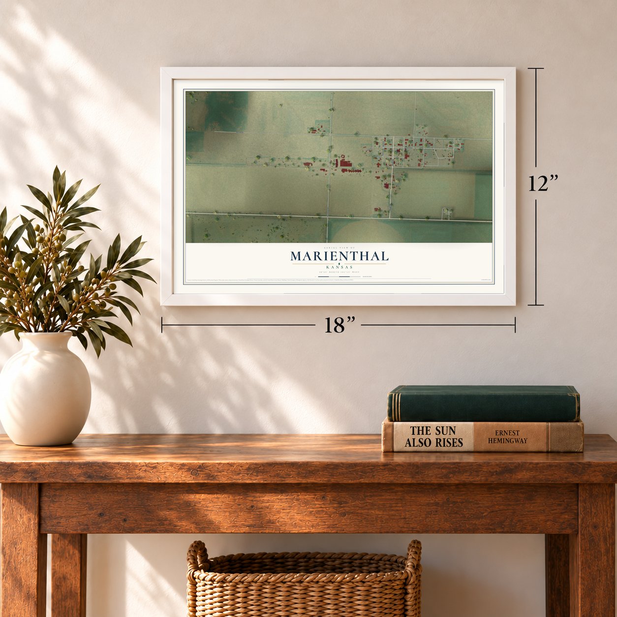 Marienthal, Kansas map, 12 x 18 inch print in a white frame in an entryway