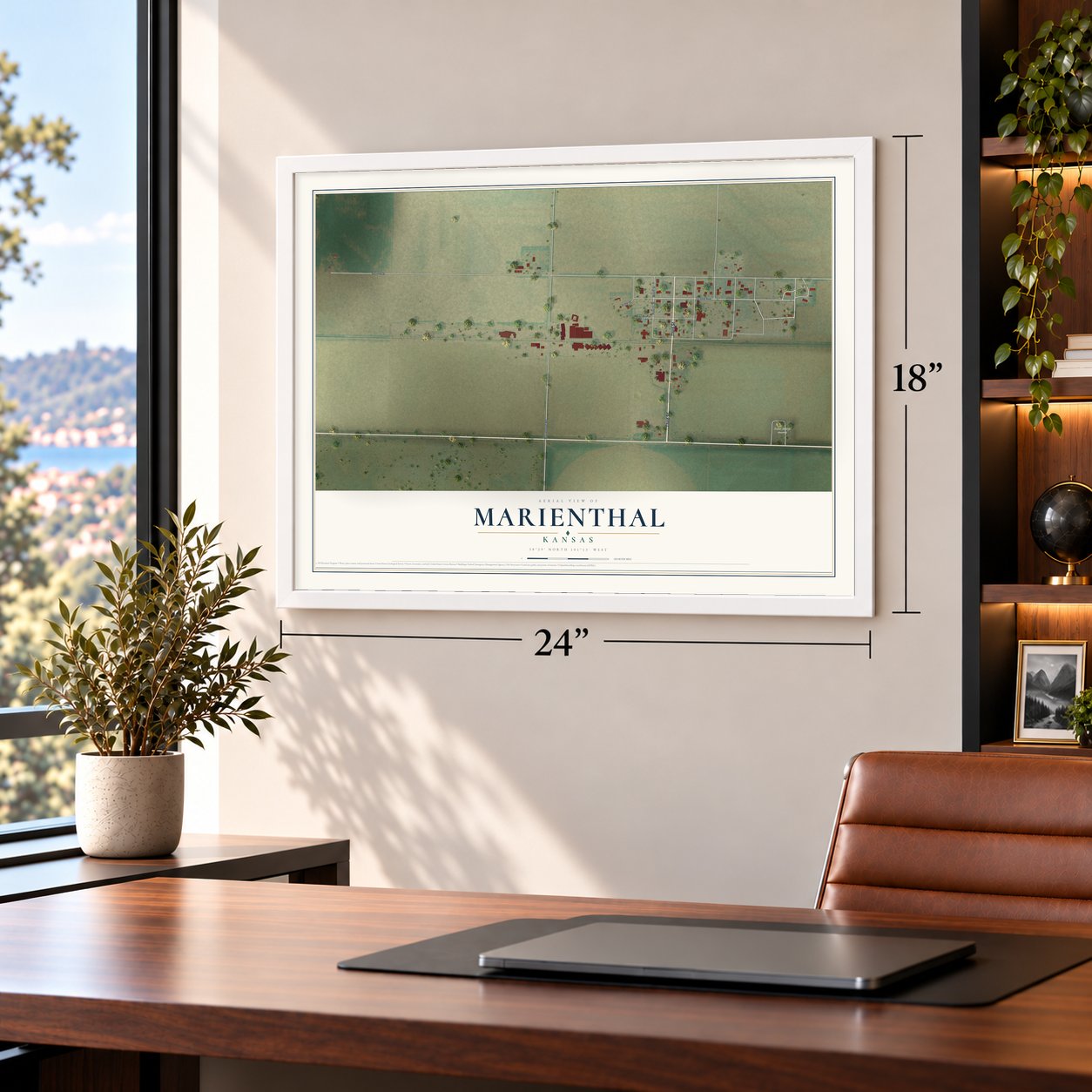 Marienthal, Kansas map, 18 x 24 inch print in a white frame in a home office