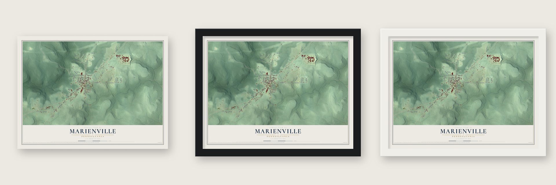 Marienville, Pennsylvania map unframed, in a black wood frame and in a white wood frame