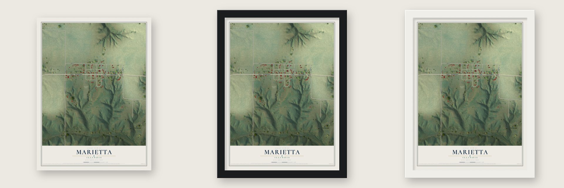Marietta, Illinois map unframed, in a black wood frame and in a white wood frame