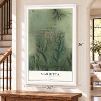 Marietta, Illinois map, 24 x 36 inch print in a white frame by a staircase