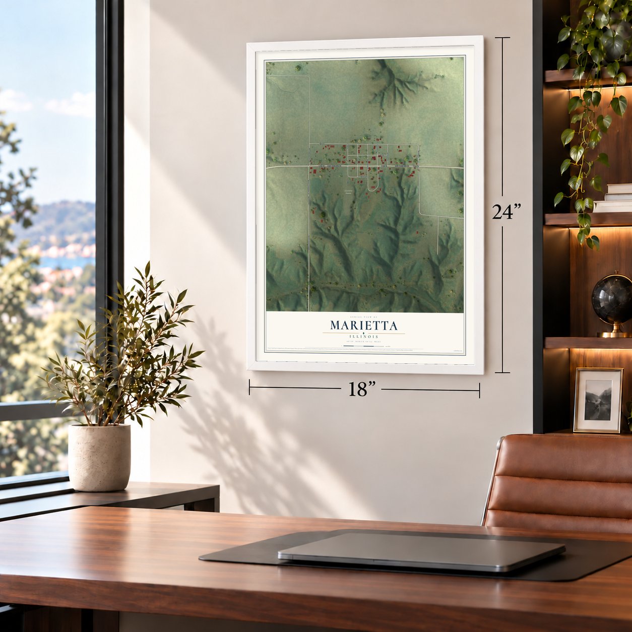 Marietta, Illinois map, 18 x 24 inch print in a white frame in a home office