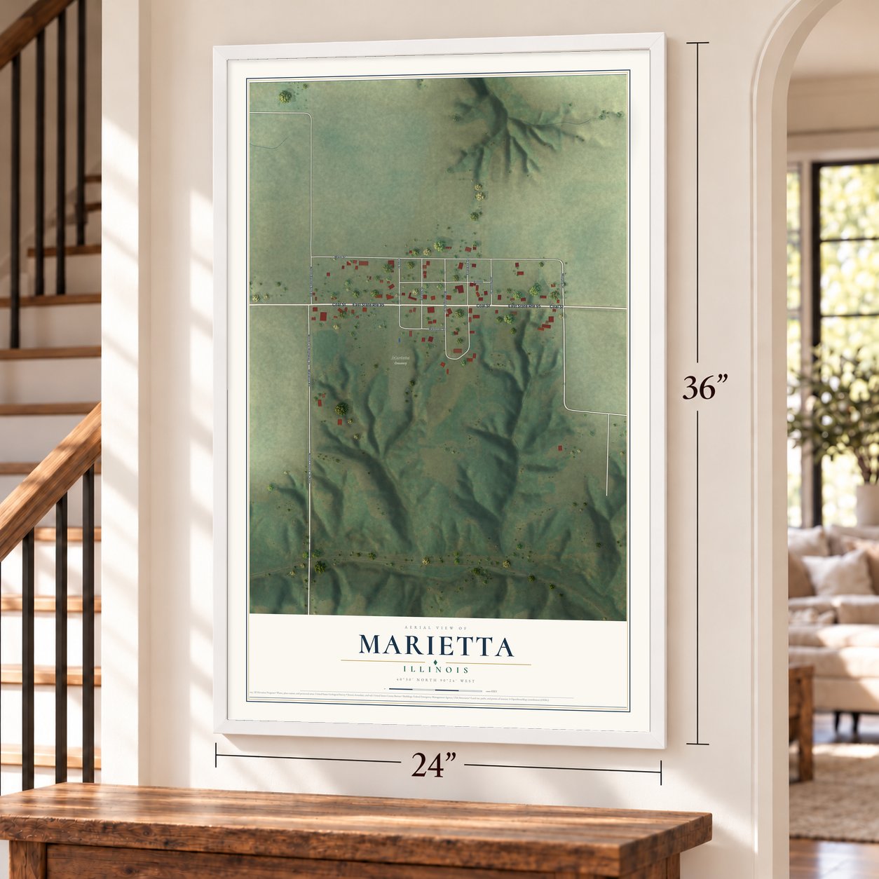 Marietta, Illinois map, 24 x 36 inch print in a white frame by a staircase