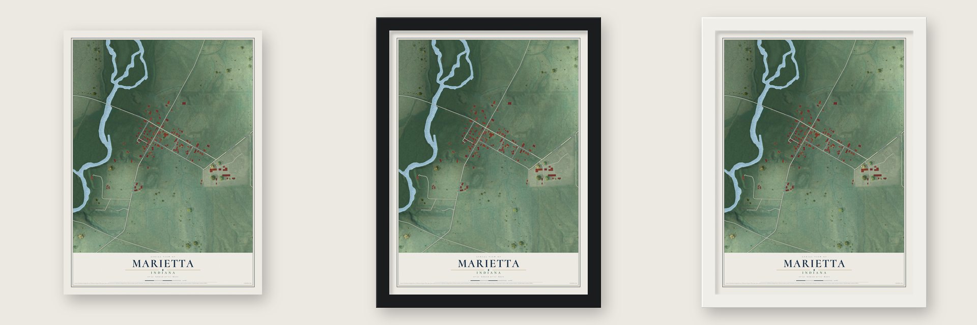 Marietta, Indiana map unframed, in a black wood frame and in a white wood frame
