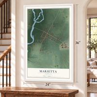 Marietta, Indiana map, 24 x 36 inch print in a white frame by a staircase