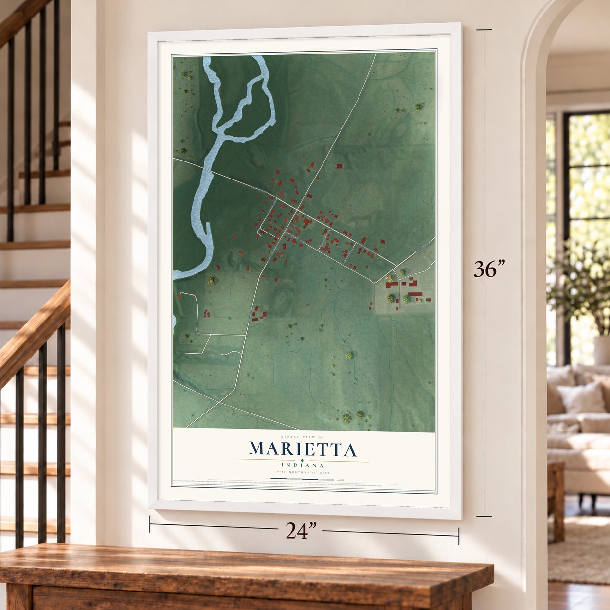 Marietta, Indiana map, 24 x 36 inch print in a white frame by a staircase