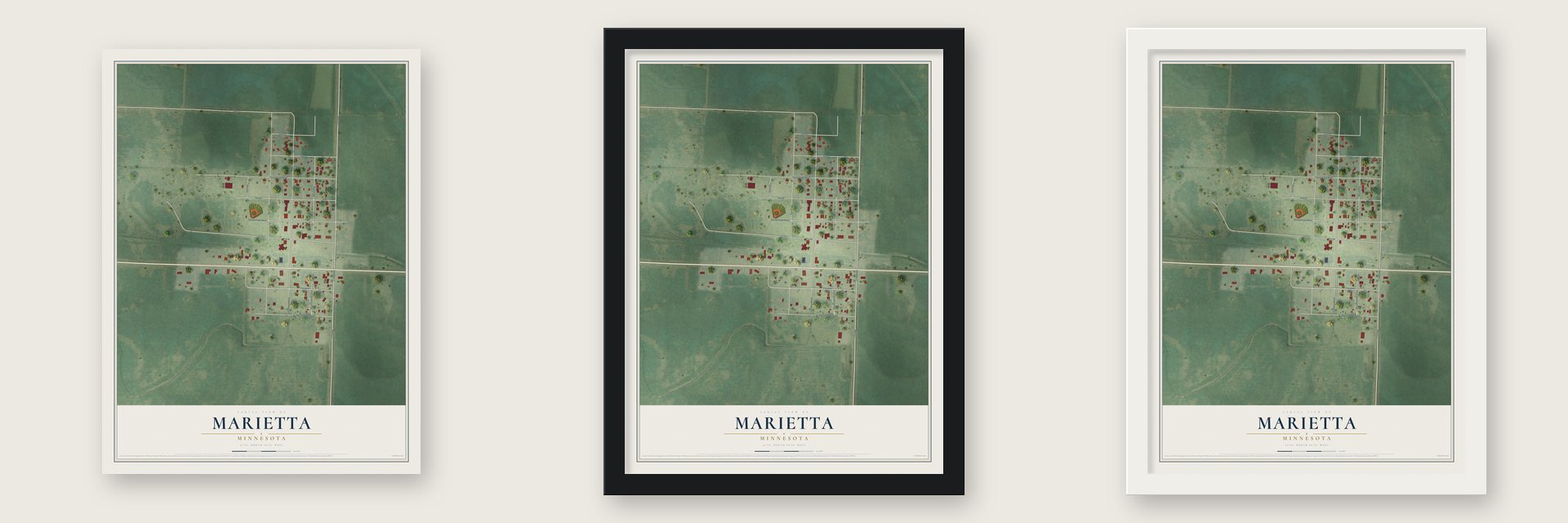 Marietta, Minnesota map unframed, in a black wood frame and in a white wood frame