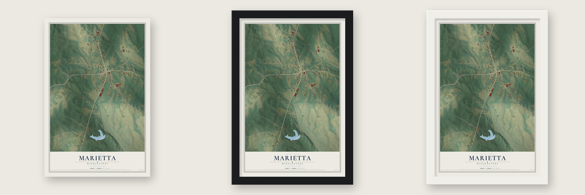 Marietta, Mississippi map unframed, in a black wood frame and in a white wood frame