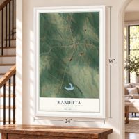 Marietta, Mississippi map, 24 x 36 inch print in a white frame by a staircase