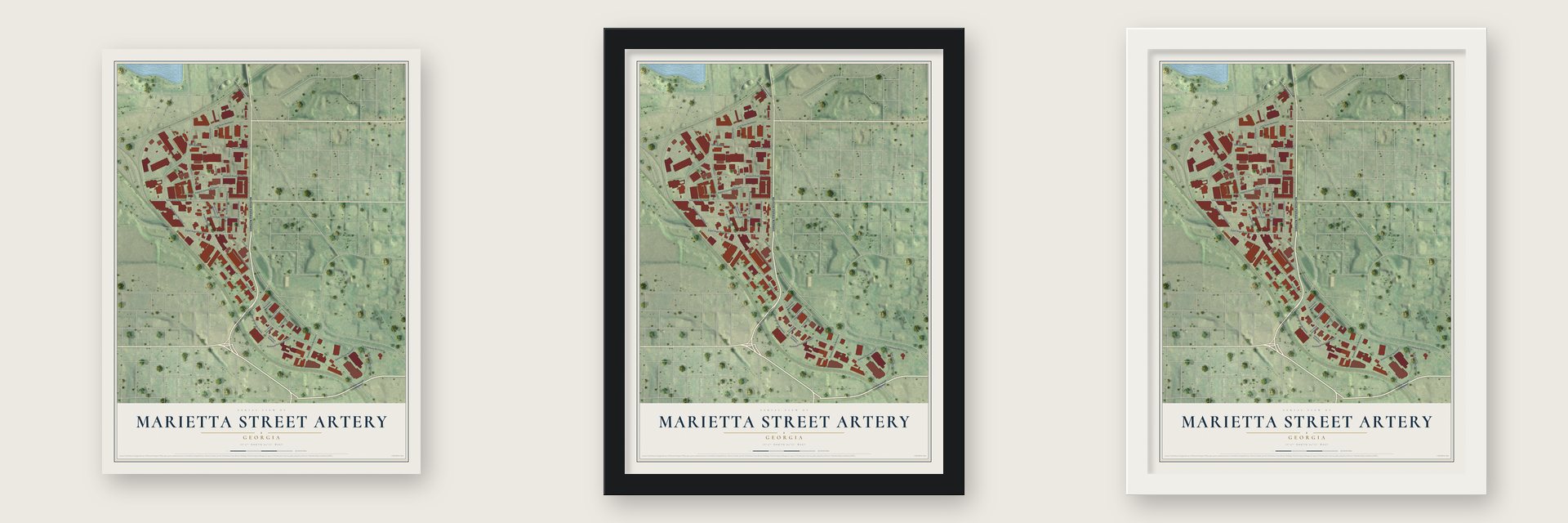 Marietta Street Artery, Georgia map unframed, in a black wood frame and in a white wood frame