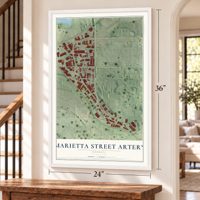 Marietta Street Artery, Georgia map, 24 x 36 inch print in a white frame by a staircase
