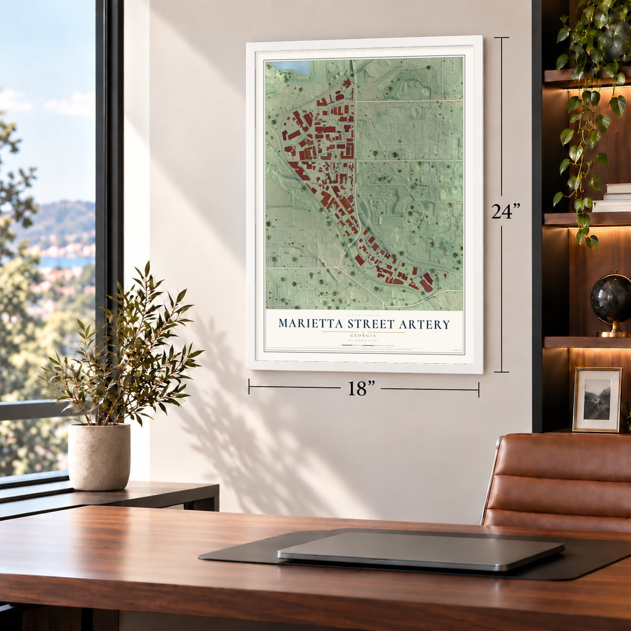 Marietta Street Artery, Georgia map, 18 x 24 inch print in a white frame in a home office