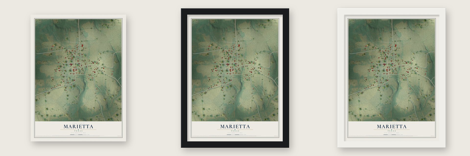 Marietta, Texas map unframed, in a black wood frame and in a white wood frame