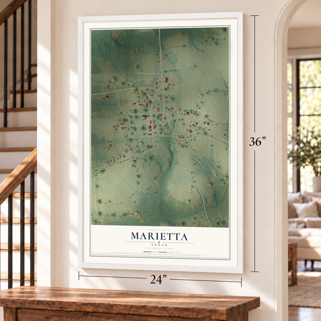 Marietta, Texas map, 24 x 36 inch print in a white frame by a staircase