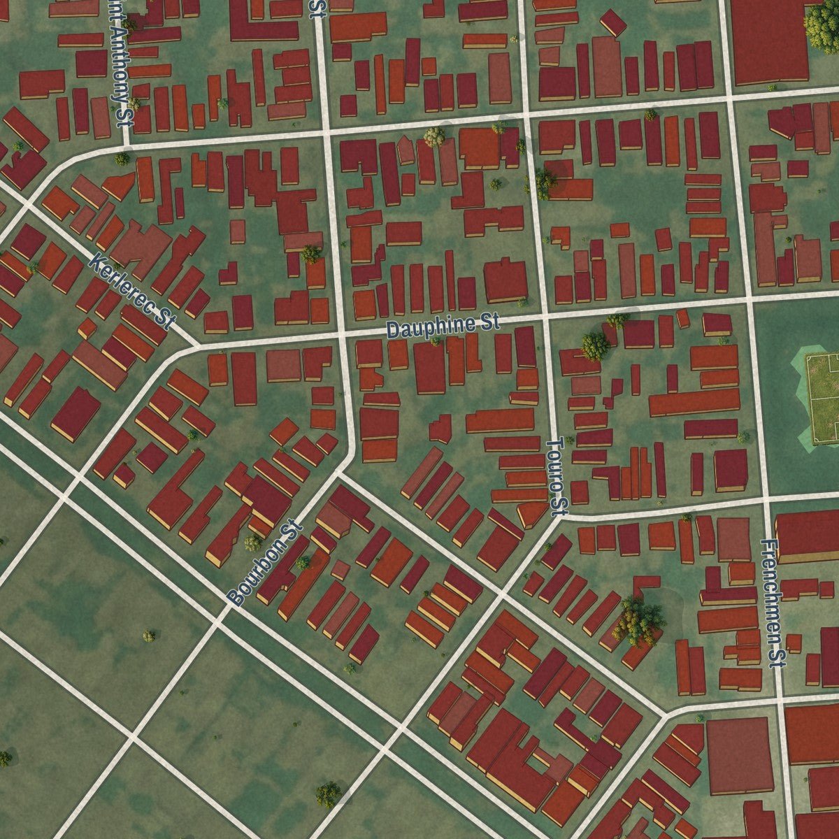 Second close-up of the map of Marigny, Louisiana print showing more streets and buildings