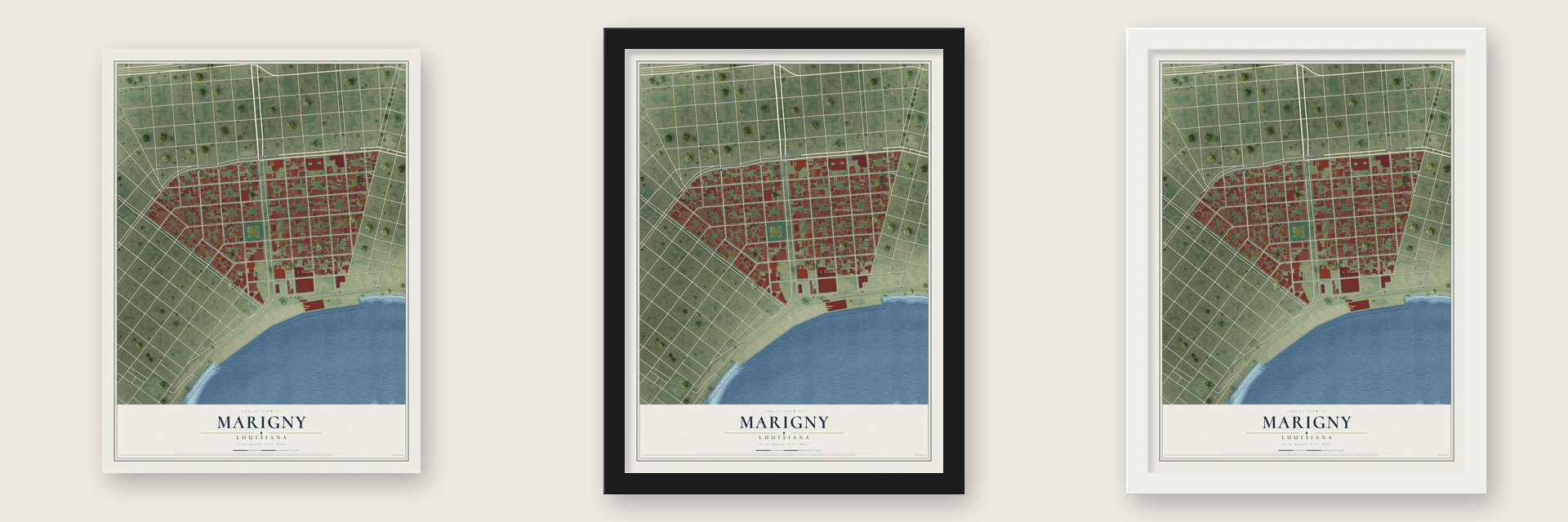 Marigny, Louisiana map unframed, in a black wood frame and in a white wood frame