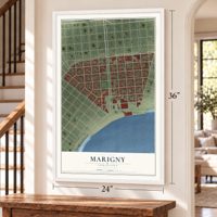 Marigny, Louisiana map, 24 x 36 inch print in a white frame by a staircase