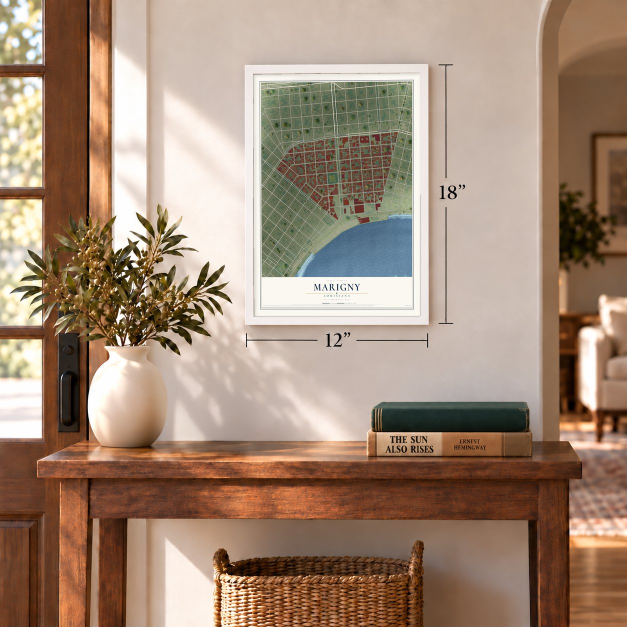 Marigny, Louisiana map, 12 x 18 inch print in a white frame in an entryway