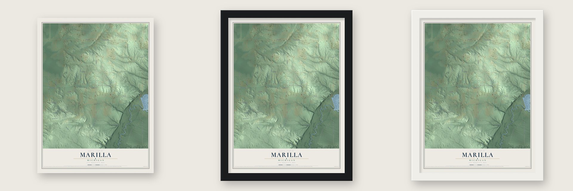 Marilla, Michigan map unframed, in a black wood frame and in a white wood frame