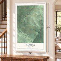Marilla, Michigan map, 24 x 36 inch print in a white frame by a staircase