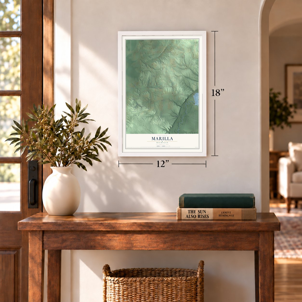 Marilla, Michigan map, 12 x 18 inch print in a white frame in an entryway